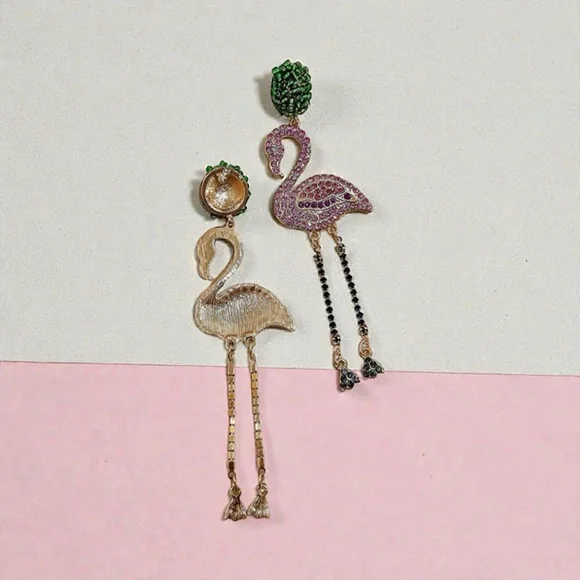 Rhinestone Pink Flamingo Dangle Drop Statement Stud Post Earrings NEW - Picture 4 of 5